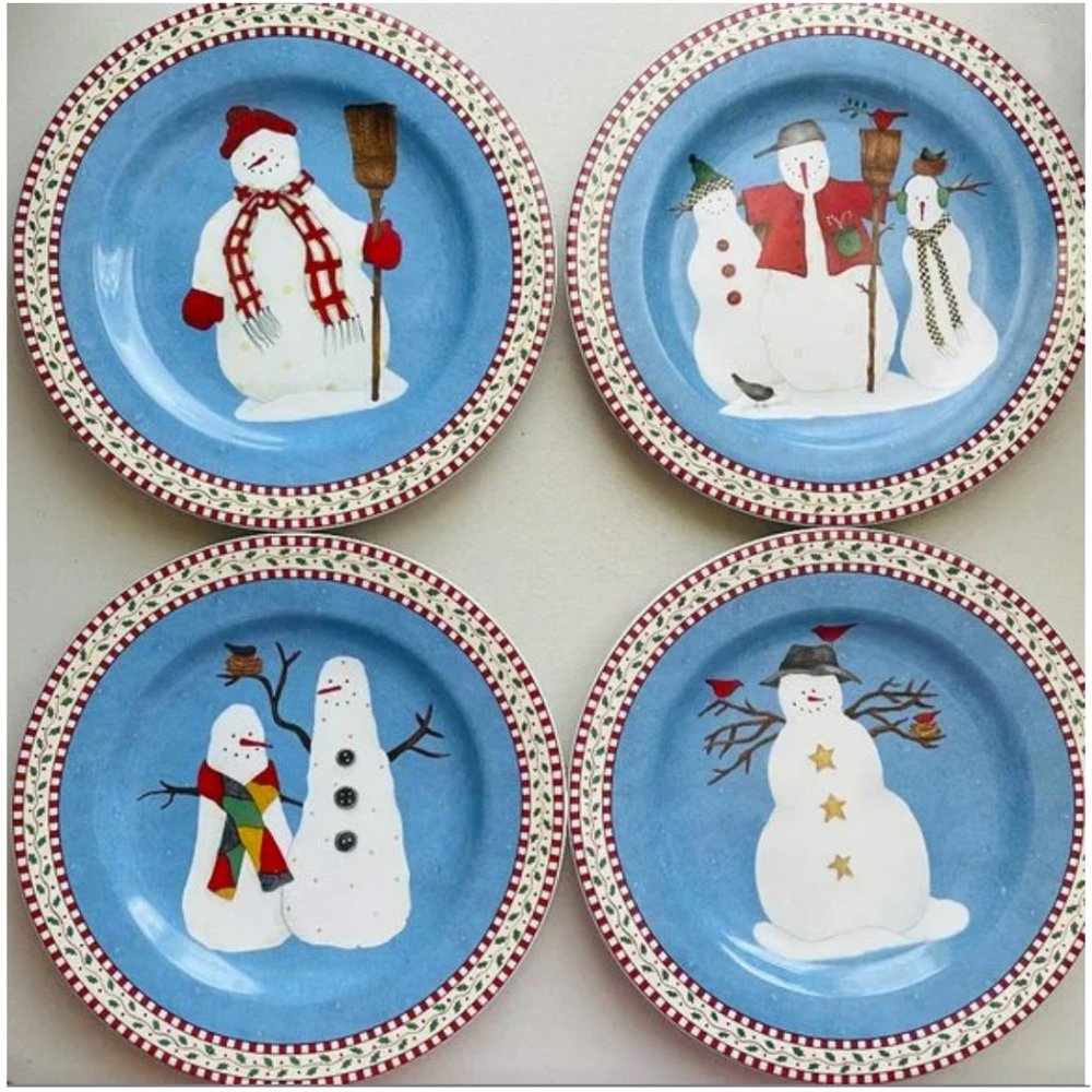 Sakura Snowman Pattern by Debbie Mumm Ceramic 8" Salad/Dessert Plates Set of 4